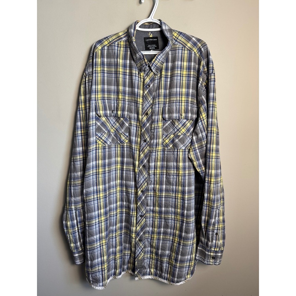 Calvin Klein Jeans Mens Blue Yellow Plaid Roll-Tab Shirt 3XT Casual Preppy Tall